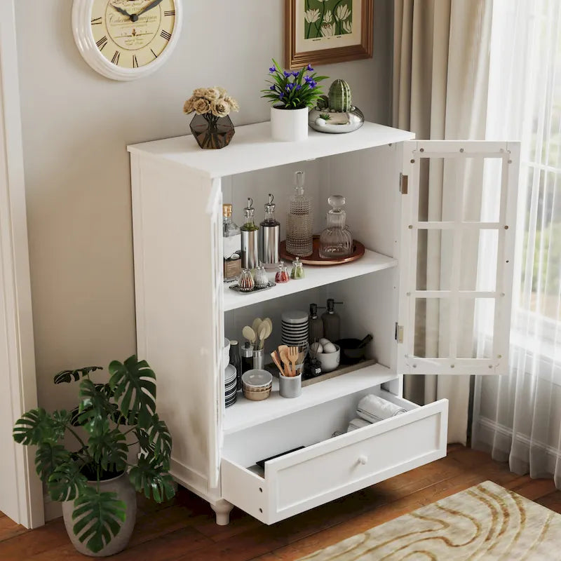 Minimalist White Buffet Cabinet with Double Glass Doors and Drawer, Modern Wooden Storage Sideboard Cupboard