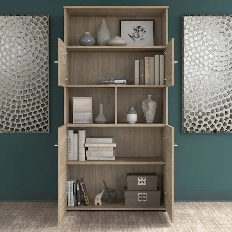 5-Shelf Bookcase with 4 Doors and Adjustable Storage