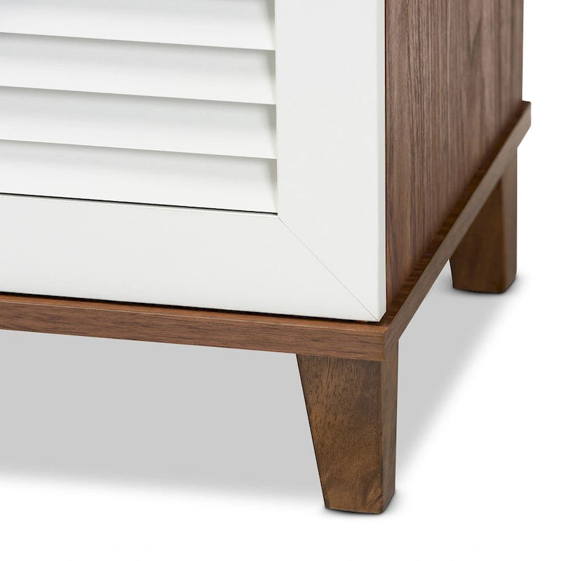 White and Walnut Shoe Cabinet with 8 Shelves and Slatted Doors