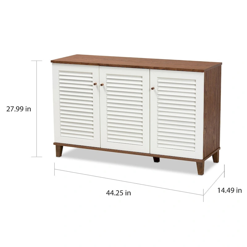 White and Walnut Shoe Cabinet with 8 Shelves and Slatted Doors