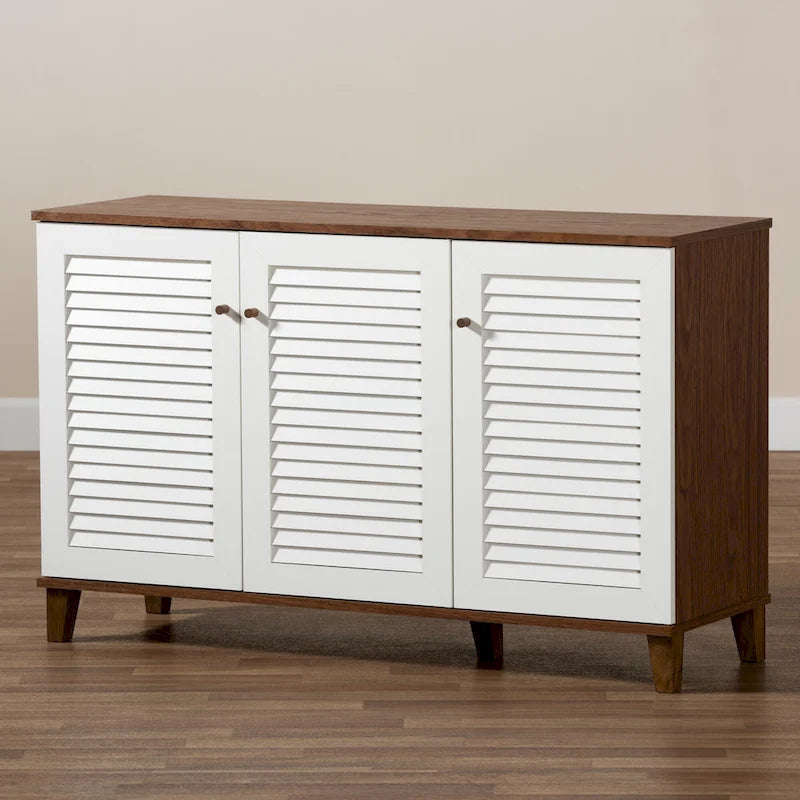 White and Walnut Shoe Cabinet with 8 Shelves and Slatted Doors