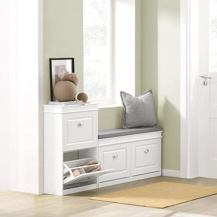 White Narrow Shoe Cabinet with 2 Flip Drawers and Top Shelf