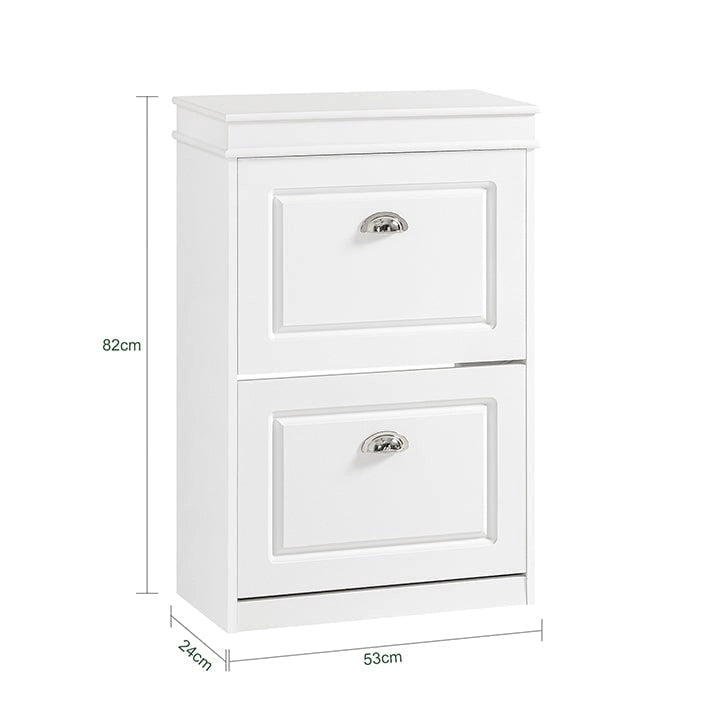 White Narrow Shoe Cabinet with 2 Flip Drawers and Top Shelf