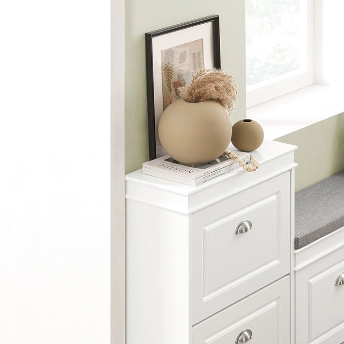 White Narrow Shoe Cabinet with 2 Flip Drawers and Top Shelf