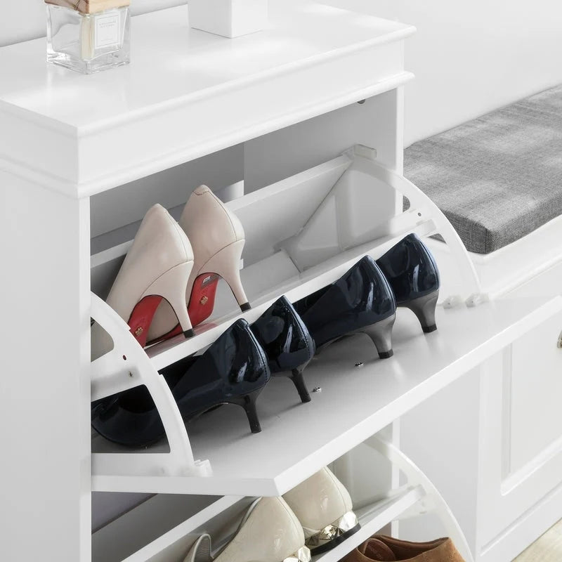 White Narrow Shoe Cabinet with 2 Flip Drawers and Top Shelf