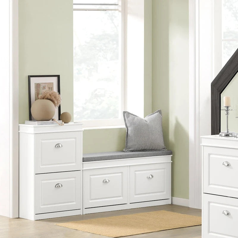 White Narrow Shoe Cabinet with 2 Flip Drawers and Top Shelf