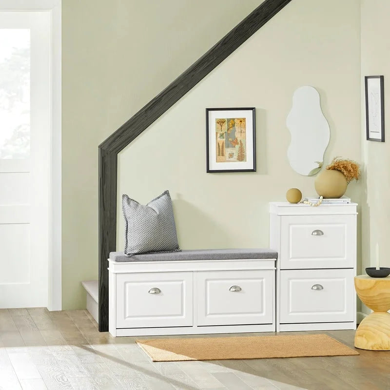 White Narrow Shoe Cabinet with 2 Flip Drawers and Top Shelf