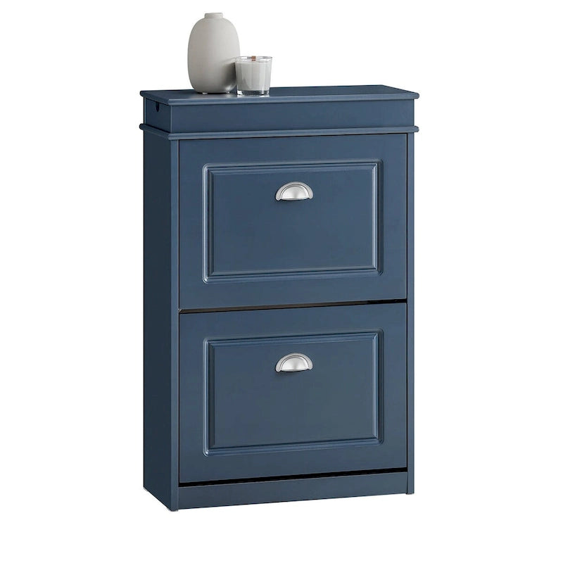 White Narrow Shoe Cabinet with 2 Flip Drawers and Top Shelf