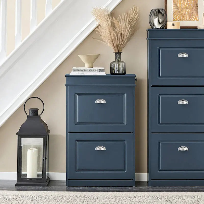 White Narrow Shoe Cabinet with 2 Flip Drawers and Top Shelf