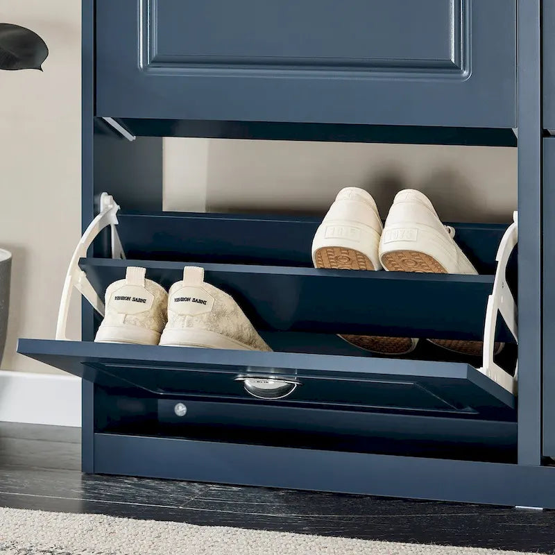 White Narrow Shoe Cabinet with 2 Flip Drawers and Top Shelf