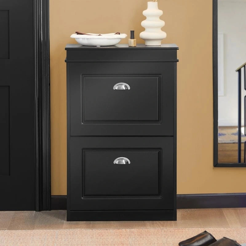 White Narrow Shoe Cabinet with 2 Flip Drawers and Top Shelf