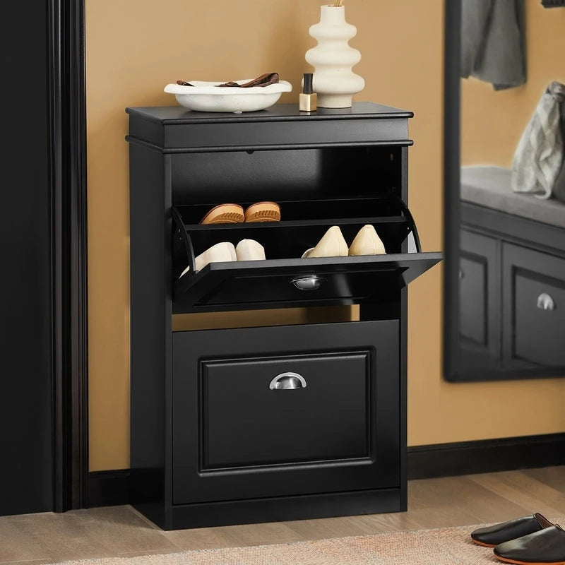 White Narrow Shoe Cabinet with 2 Flip Drawers and Top Shelf