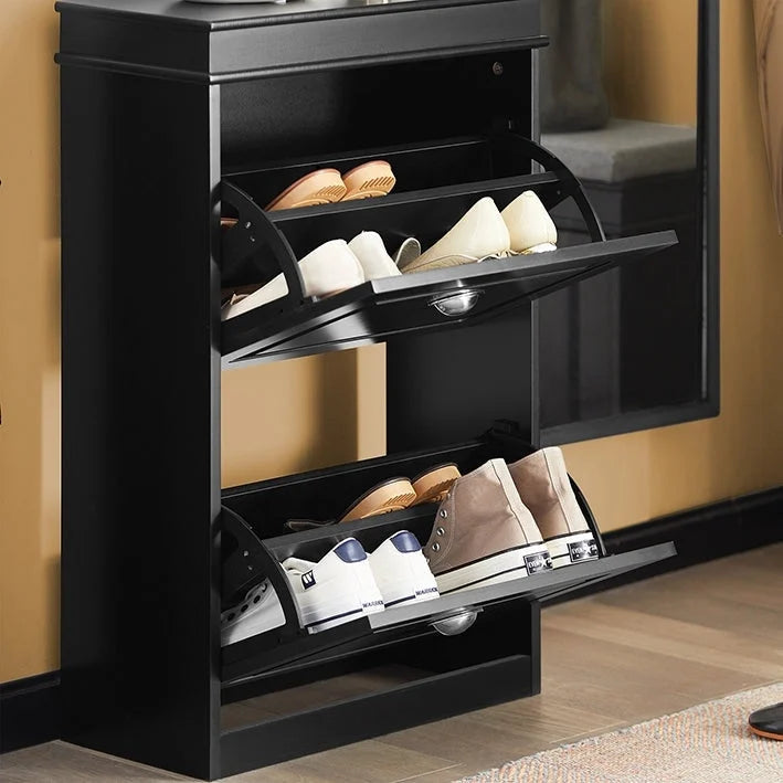White Narrow Shoe Cabinet with 2 Flip Drawers and Top Shelf