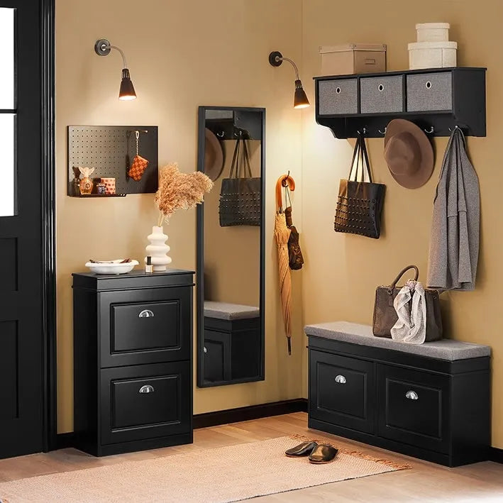 White Narrow Shoe Cabinet with 2 Flip Drawers and Top Shelf