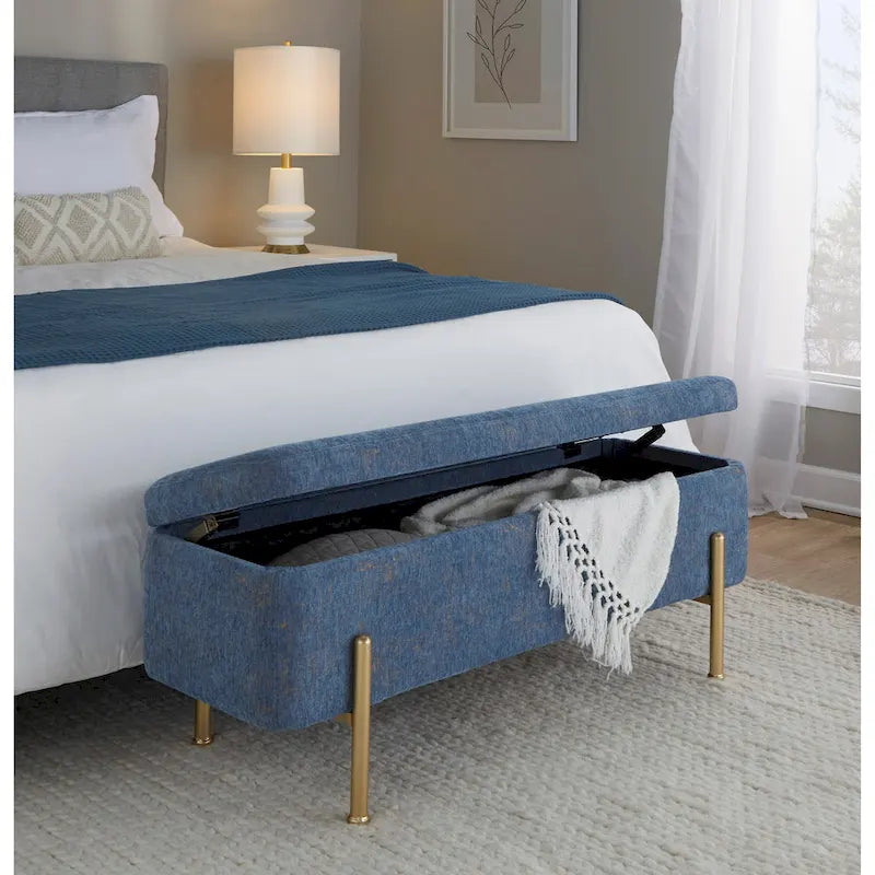 Upholstered Storage Bench with Flip-Top Lid and Metal Base