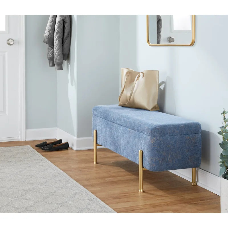 Upholstered Storage Bench with Flip-Top Lid and Metal Base