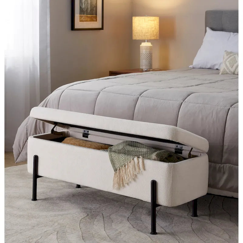 Upholstered Storage Bench with Flip-Top Lid and Metal Base