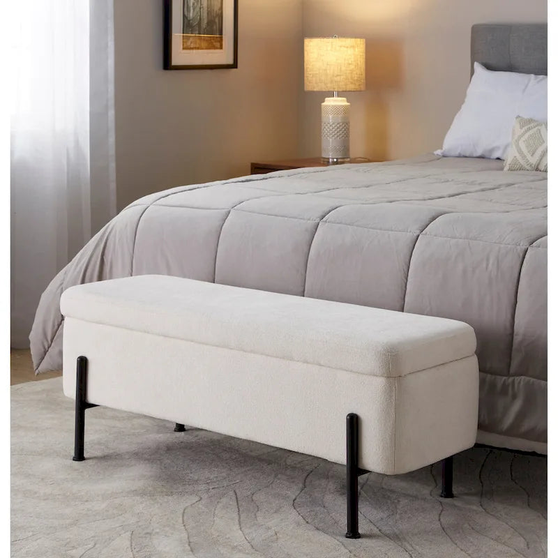 Upholstered Storage Bench with Flip-Top Lid and Metal Base