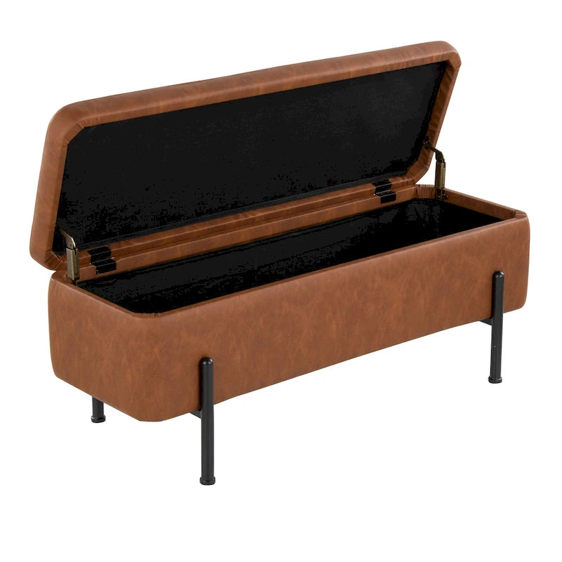 Upholstered Storage Bench with Flip-Top Lid and Metal Base