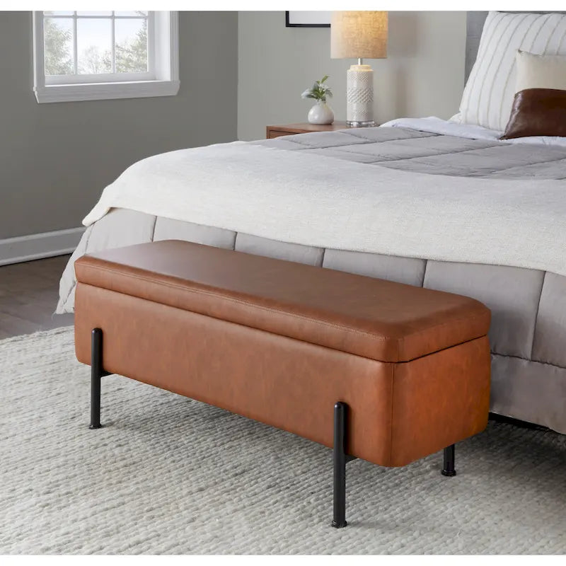 Upholstered Storage Bench with Flip-Top Lid and Metal Base