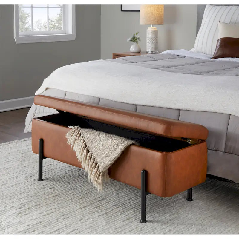 Upholstered Storage Bench with Flip-Top Lid and Metal Base
