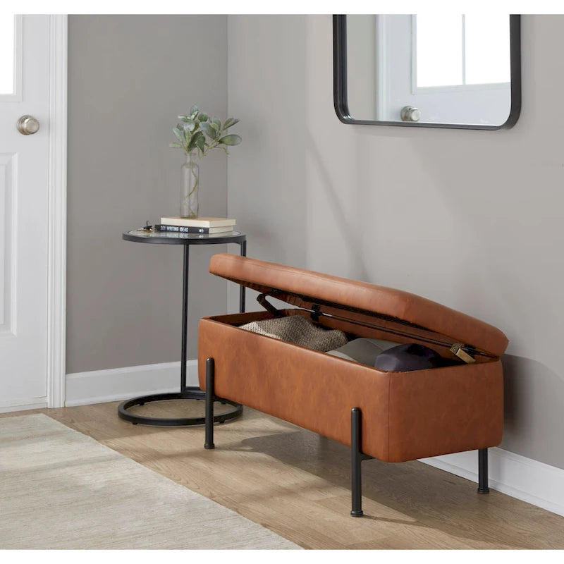 Upholstered Storage Bench with Flip-Top Lid and Metal Base