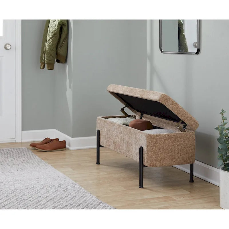 Upholstered Storage Bench with Flip-Top Lid and Metal Base