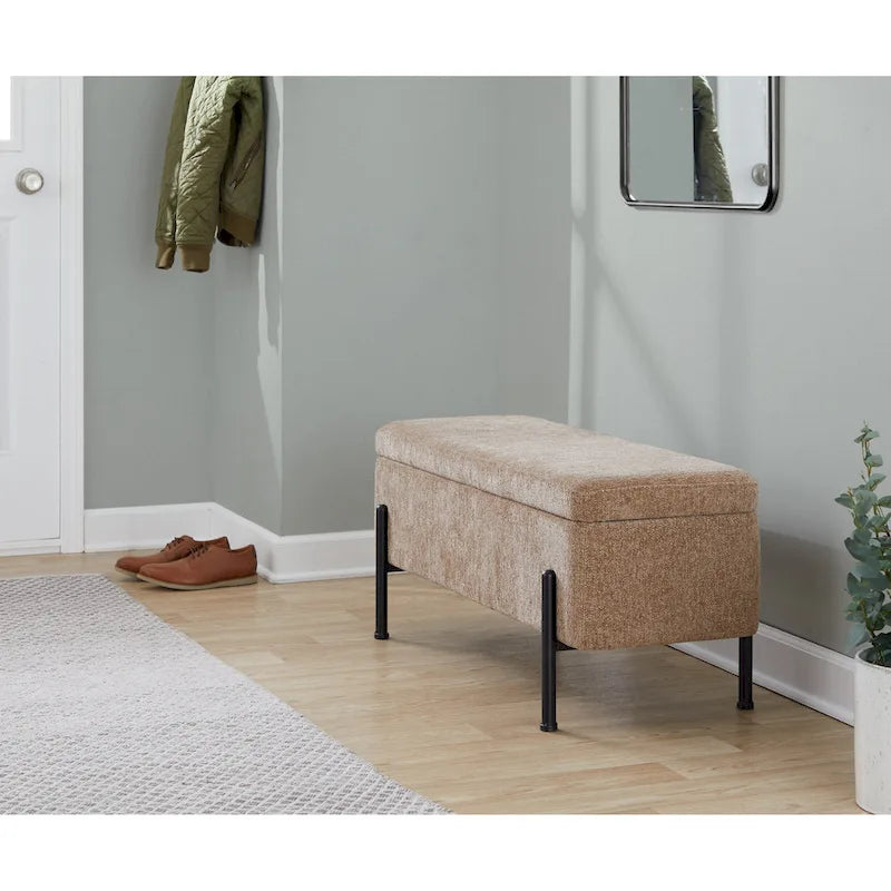 Upholstered Storage Bench with Flip-Top Lid and Metal Base