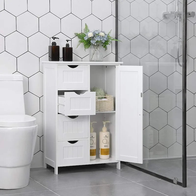 White Bathroom Storage Cabinet, Floor Cabinet with Adjustable Shelf and Drawers