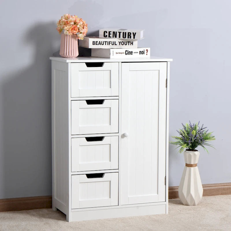 White Bathroom Storage Cabinet, Floor Cabinet with Adjustable Shelf and Drawers