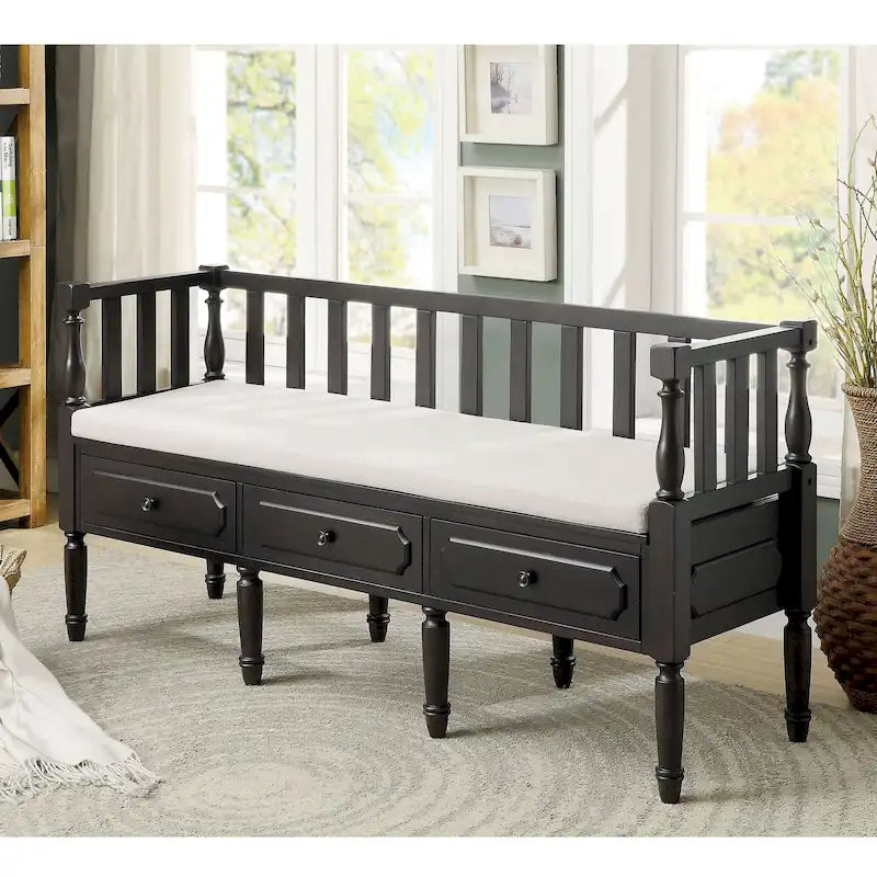 Farmhouse Wooden Storage Bench with Cushioned Seat and 3 Drawers