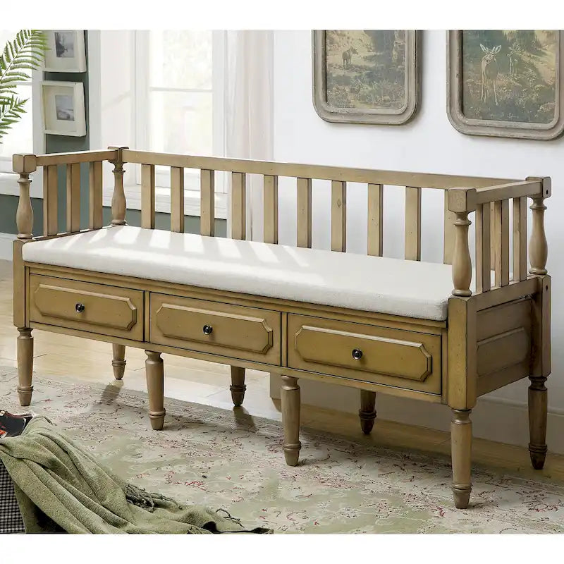 Farmhouse Wooden Storage Bench with Cushioned Seat and 3 Drawers