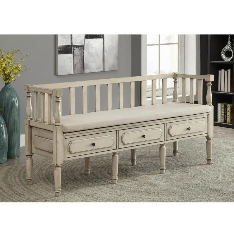 Farmhouse Wooden Storage Bench with Cushioned Seat and 3 Drawers