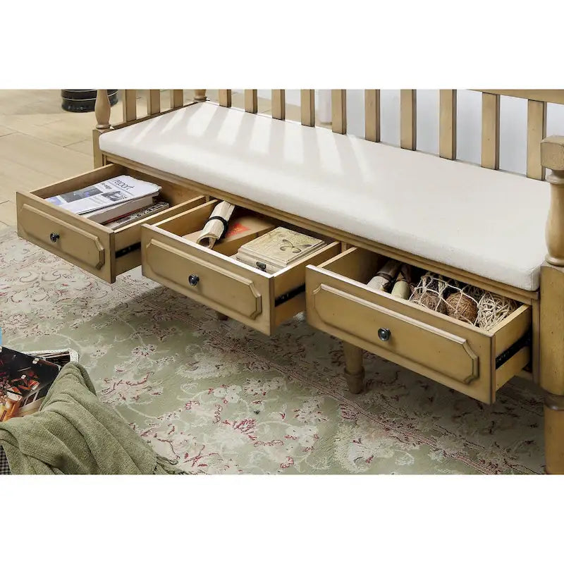 Farmhouse Wooden Storage Bench with Cushioned Seat and 3 Drawers