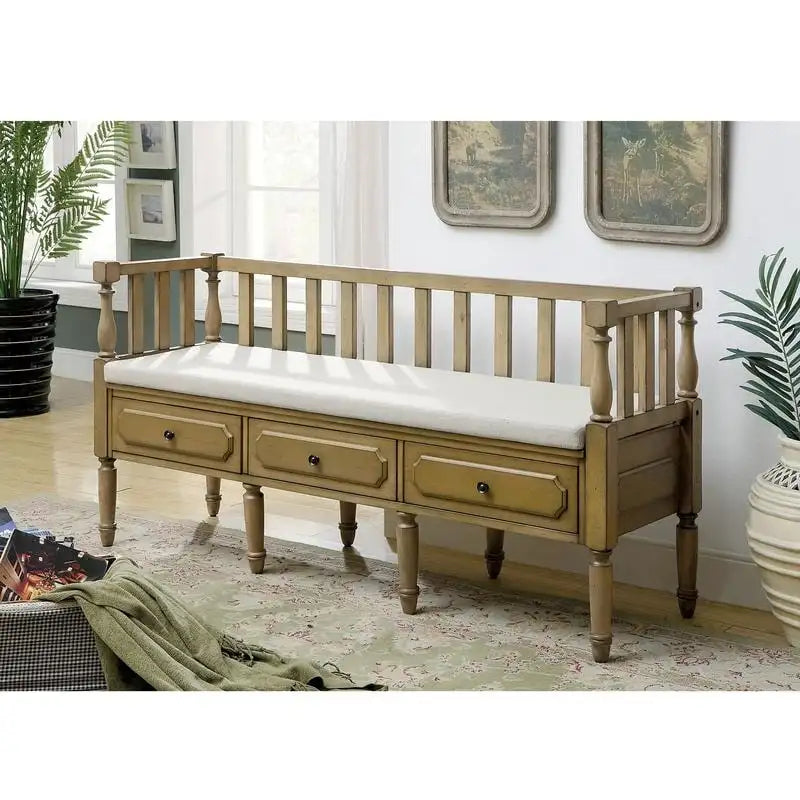 Farmhouse Wooden Storage Bench with Cushioned Seat and 3 Drawers