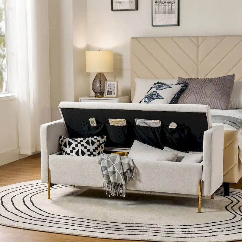 Angelus Upholstered Flip Top Storage Bench withTwo Pillows and Arms by HULALA HOME