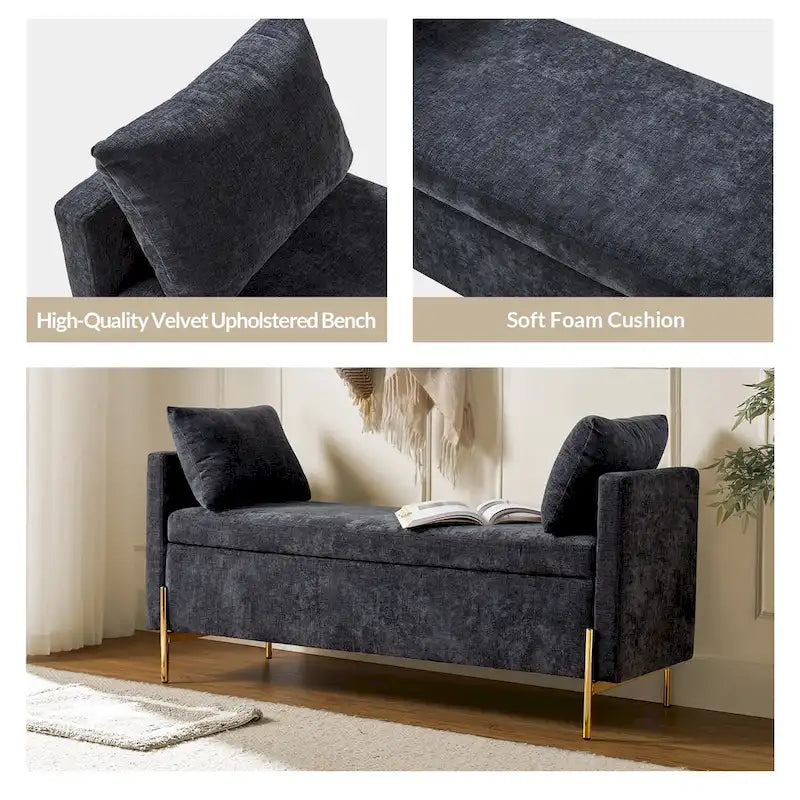 Angelus Upholstered Flip Top Storage Bench withTwo Pillows and Arms by HULALA HOME