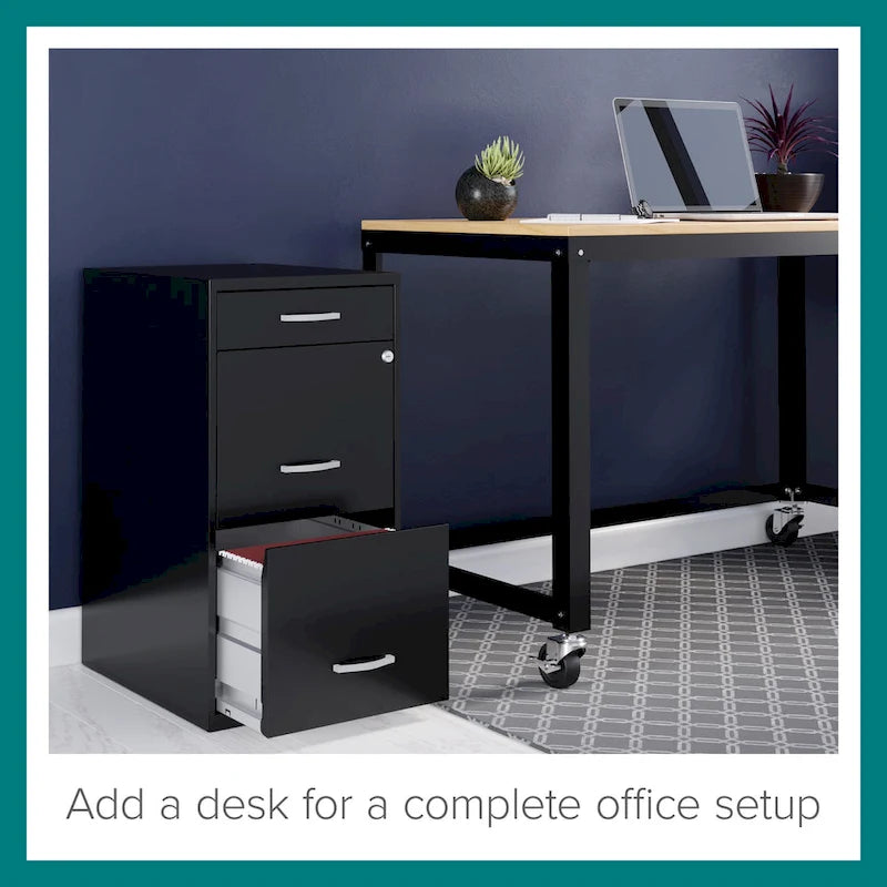 Black 18-Inch-Deep Metal File Cabinet with 3 Drawers