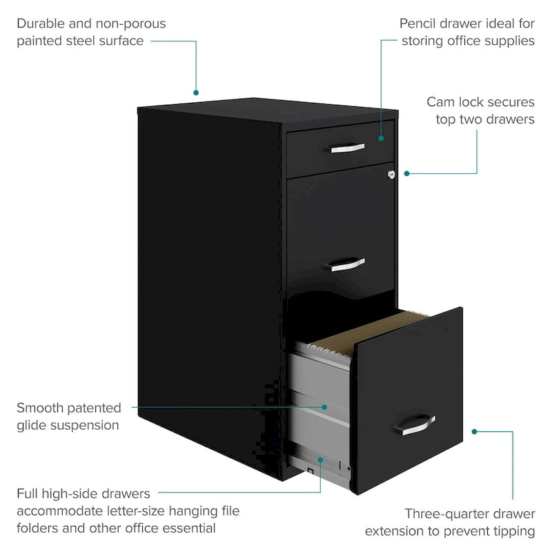 Black 18-Inch-Deep Metal File Cabinet with 3 Drawers