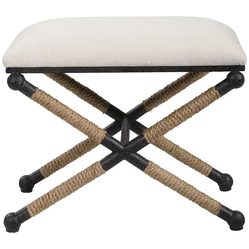 Small Upholstered Bench with Black Iron Frame and Natural Rope Accents