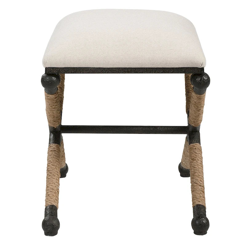 Small Upholstered Bench with Black Iron Frame and Natural Rope Accents