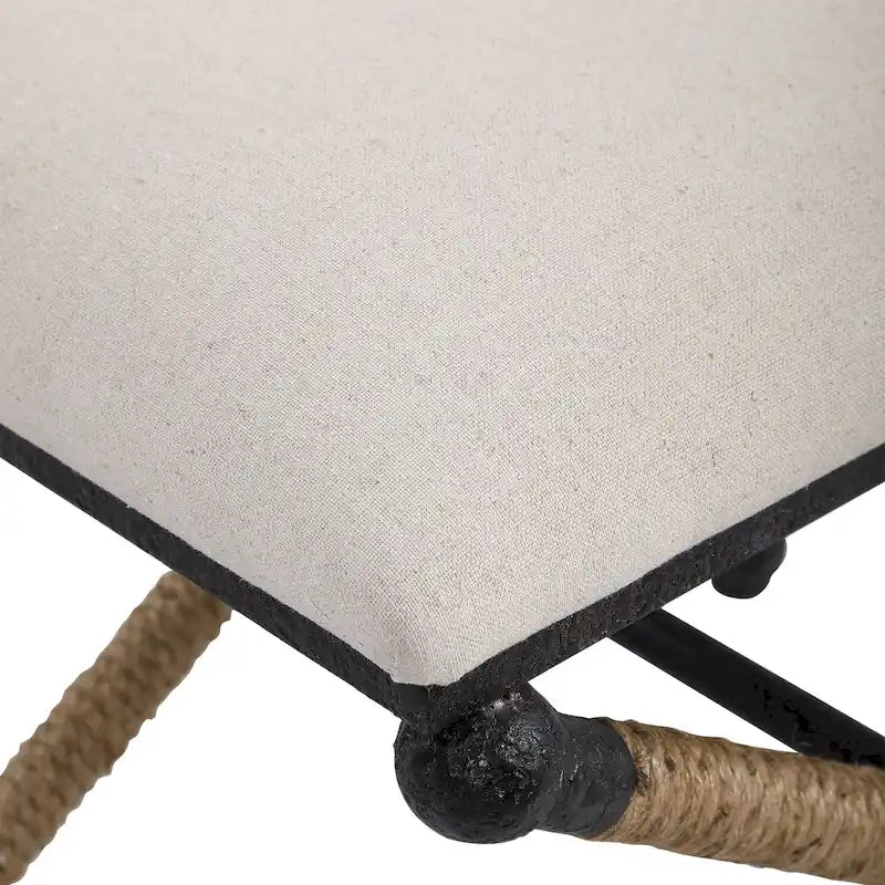 Small Upholstered Bench with Black Iron Frame and Natural Rope Accents
