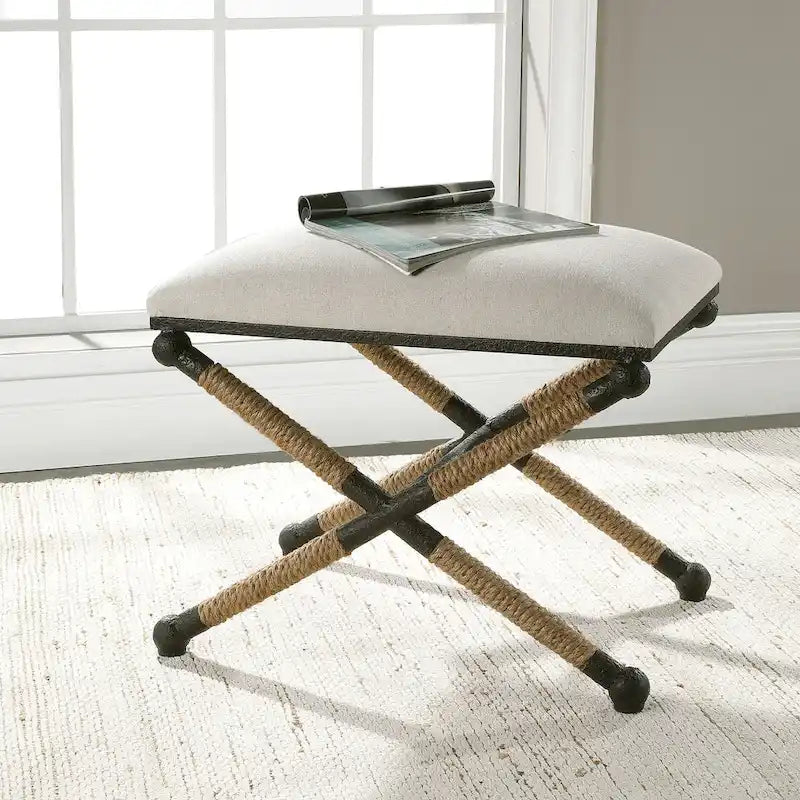 Small Upholstered Bench with Black Iron Frame and Natural Rope Accents