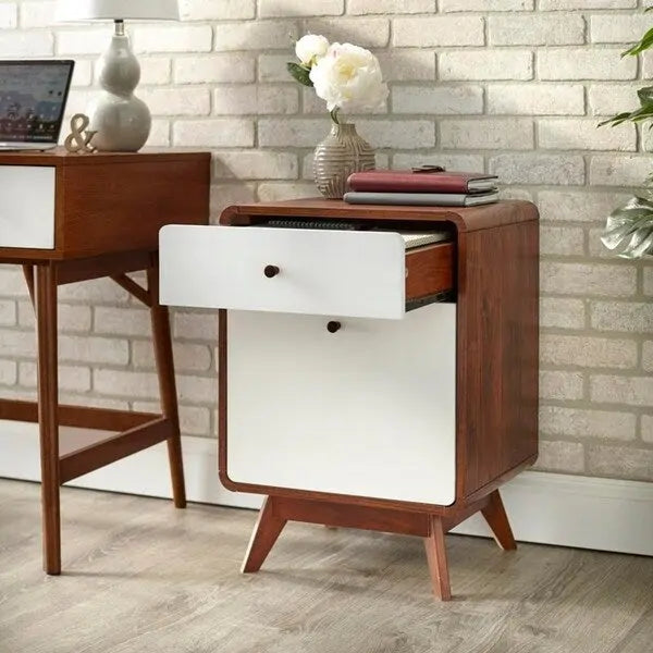 White and Walnut 2-Drawer File Cabinet with Solid Wood Legs