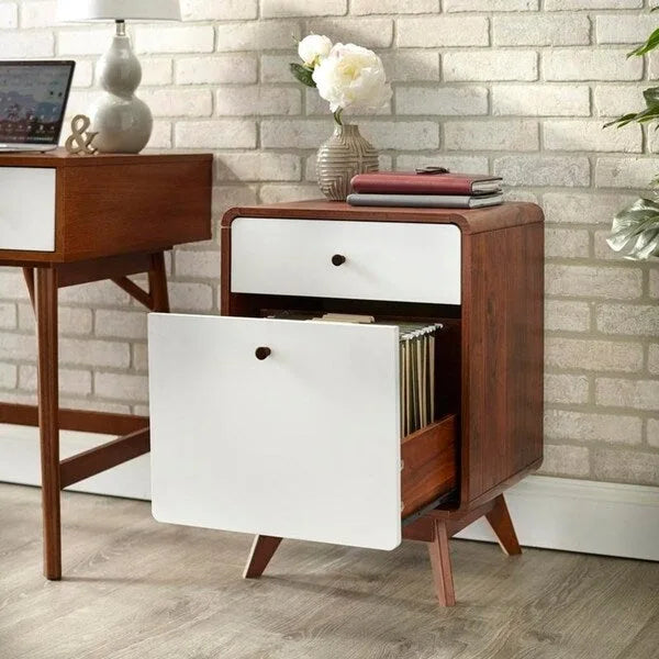 White and Walnut 2-Drawer File Cabinet with Solid Wood Legs