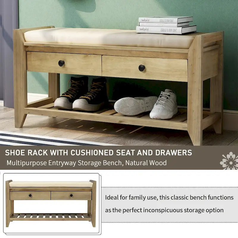 Shoe Rack with Cushioned Seat and Drawers, Multipurpose Entryway Storage Bench