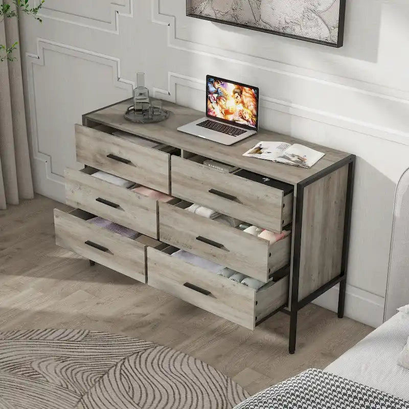 Wood Dresser with 6 Drawers, Wooden Storage Closet for Bedroom, Solid Clothes Cabinet with Sturdy Steel Frame