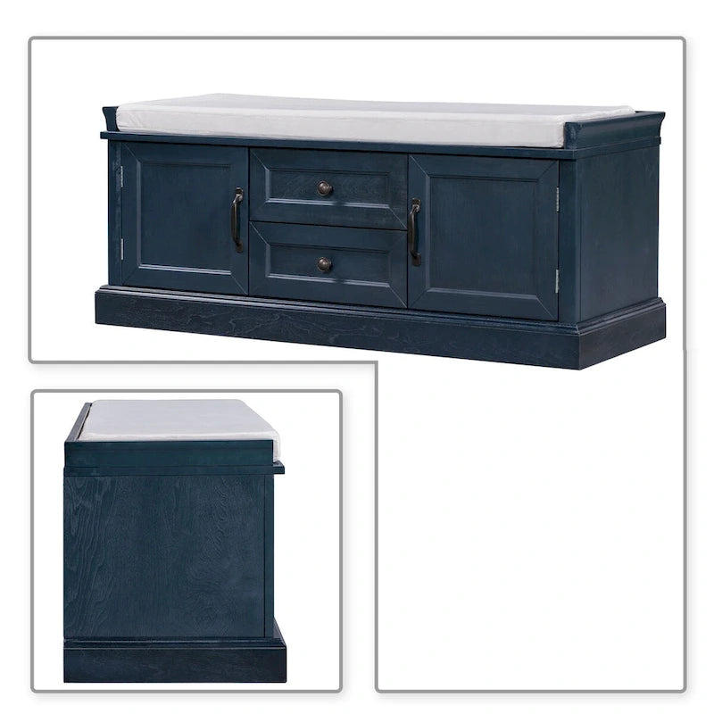 Vintage Chic Wooden Storage Bench with Removable Foam-Filled Velvet Seat Cushion