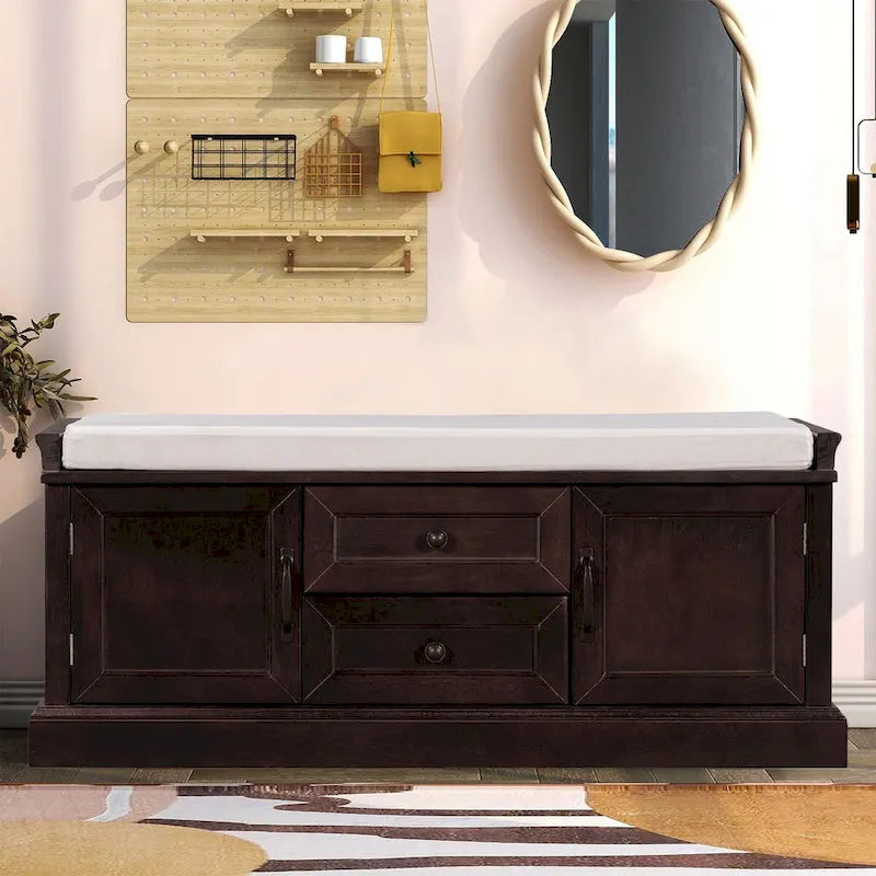 Vintage Chic Wooden Storage Bench with Removable Foam-Filled Velvet Seat Cushion