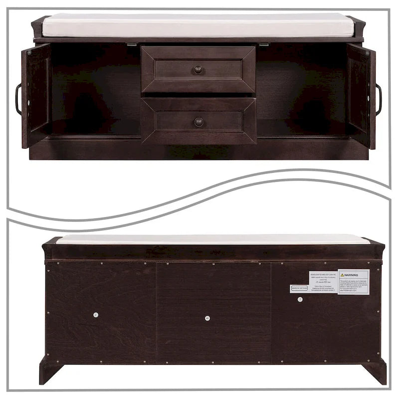 Vintage Chic Wooden Storage Bench with Removable Foam-Filled Velvet Seat Cushion